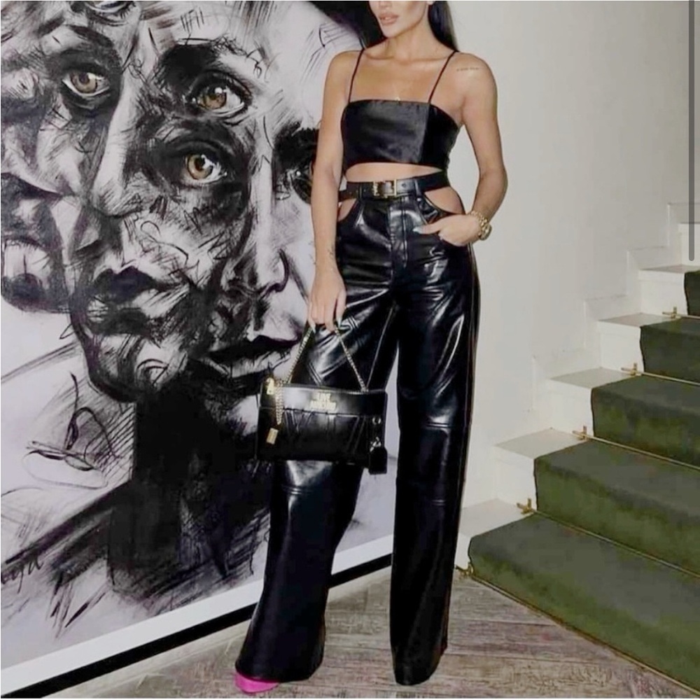 ZARA Faux Leather Cutout Waist Wideleg Pants